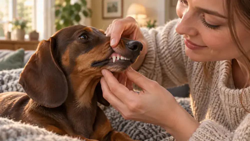 Owner gently raising a calm dachshund's upper outer lip to reveal its teeth without opening the jaws