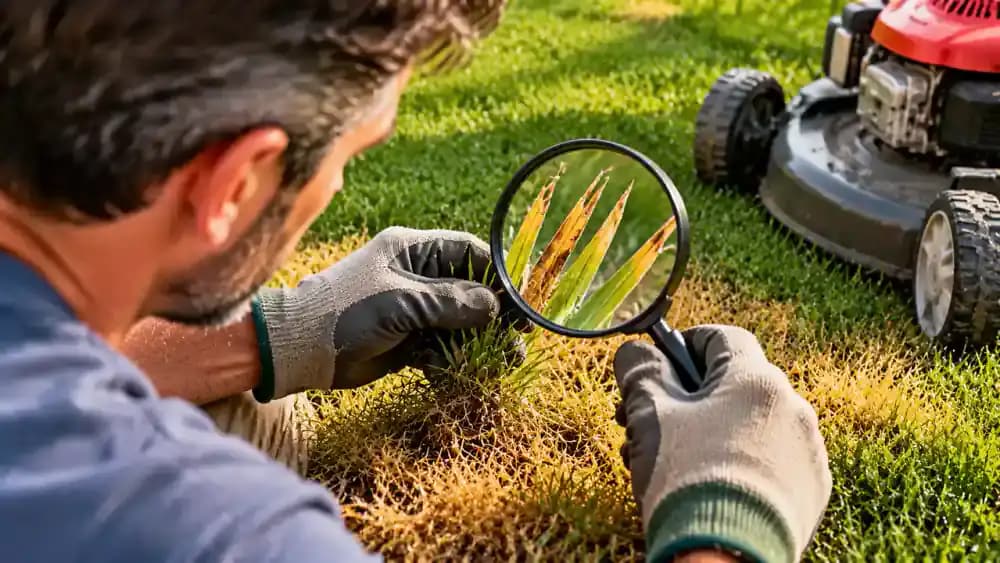 Gloved homeowner using a handheld magnifying lens to inspect frayed and uneven grass blade tips beside a garden path, with a push mower in the background.
