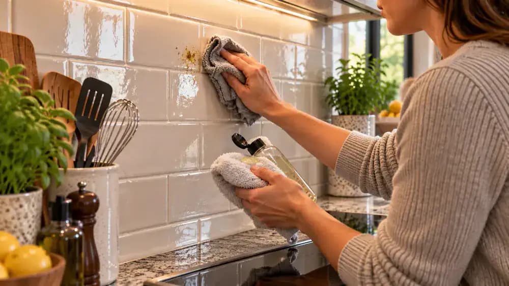 Hand cleaning a small grease patch near a lower backsplash grout line beside a cooktop using cleaner applied to a microfiber cloth and gentle wiping.