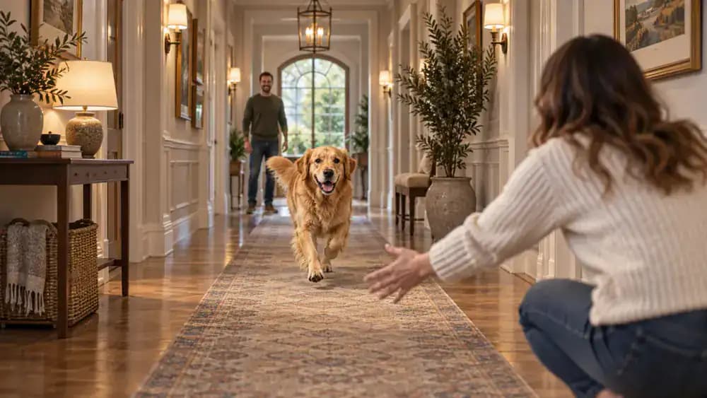 Golden retriever running along a bright indoor hallway toward its waiting owner