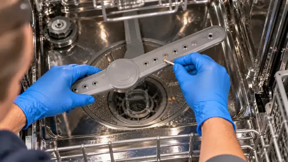 Overhead view inside an open dishwasher as a gloved adult steadies the lower spray arm and clears loose debris from the spray holes with a damp cloth and soft plastic pick while the filter remains removed.