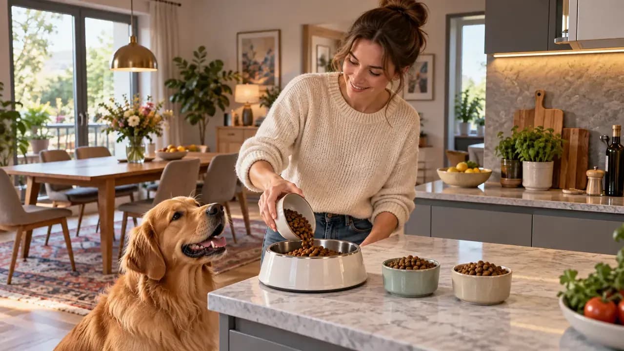 Three measured portions of dog food prepared for one meal