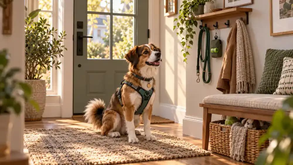 Harness, standard leash, identification tag, and waste bags beside the door