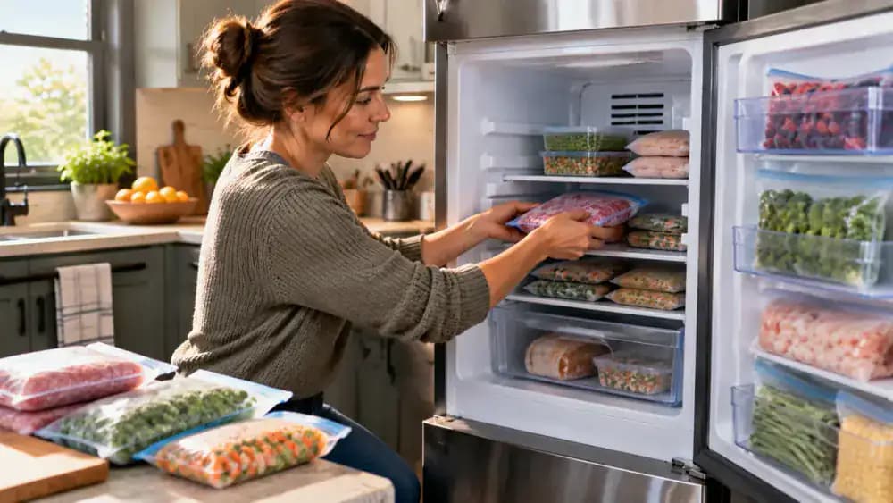 Homeowner arranging frozen food packages in freezer shelves and drawers with open spaces between items and clear vents