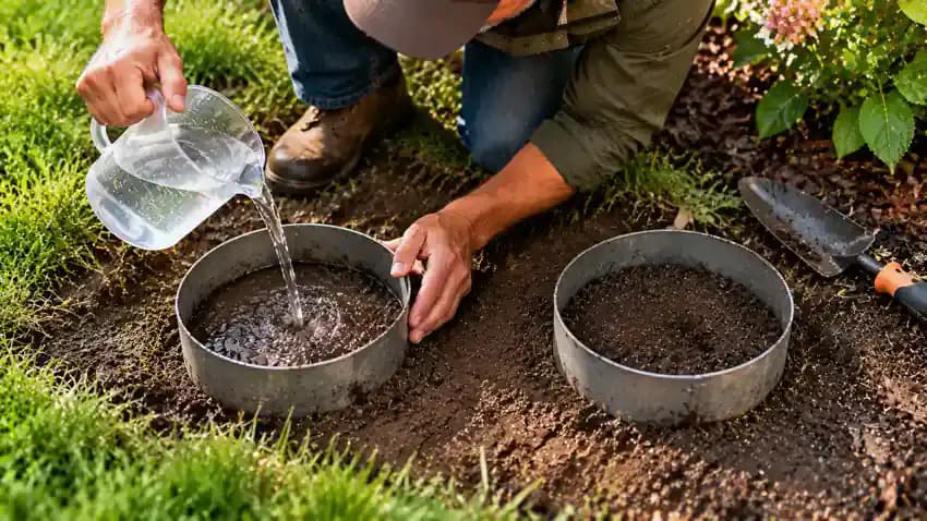 Overhead view of a homeowner using a measuring cup to pour clean water into a shallow, open-bottom infiltration testing ring on level garden soil, with a notebook nearby and a second soil testing location visible.
