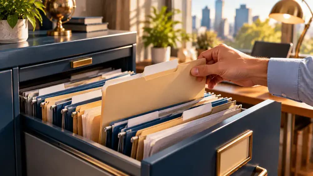 An organized financial filing cabinet with one blank folder being carefully removed.