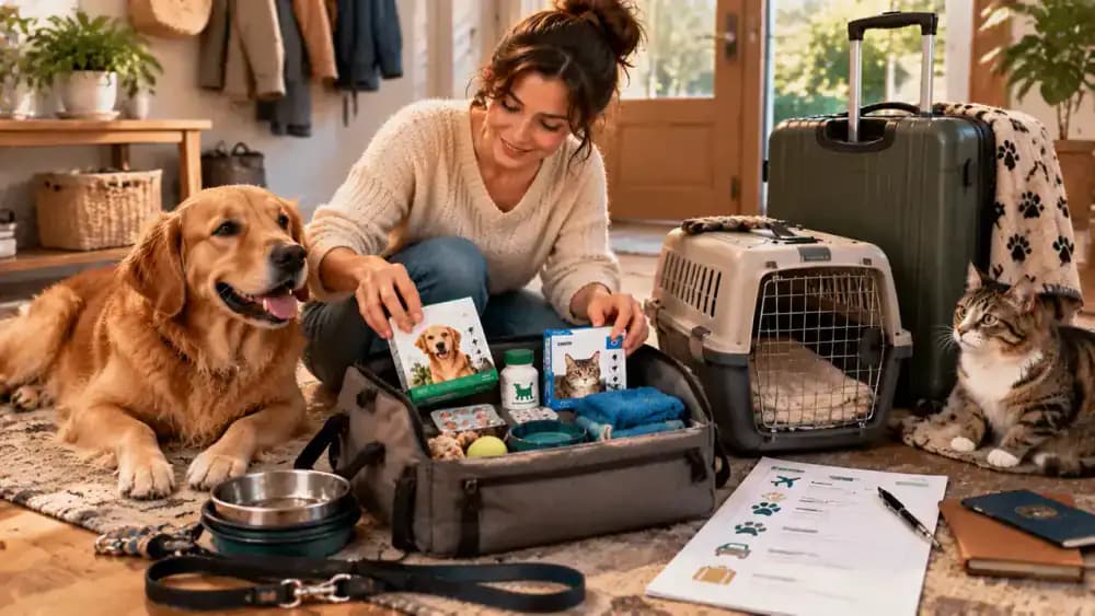 Pet owner packing veterinarian-recommended parasite prevention products in their original packaging, pet records, and a carrier beside a suitcase while checking boarding requirements and a travel itinerary.