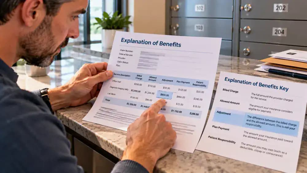 Adult reviewing a fictional Explanation of Benefits at a shared mailroom counter, tracing an $800 adjustment between a $2,000 billed charge and a $1,200 allowed amount while checking an explanation code key.