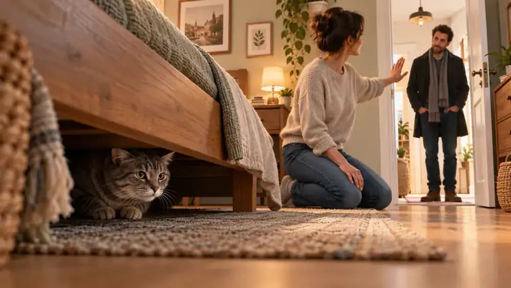 Gray tabby cat resting safely beneath a large wooden bed while the owner gently signals an adult visitor standing in the bedroom doorway to keep a respectful distance.