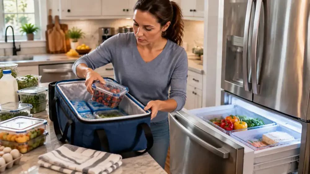 Person removing food containers from a lower refrigerator drawer section and placing items into a cooler with ice packs