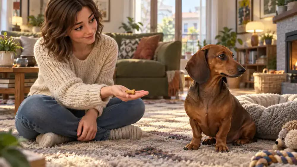 A calm dachshund deliberately looking away from a visible treat resting in its owner's open palm during a training exercise.