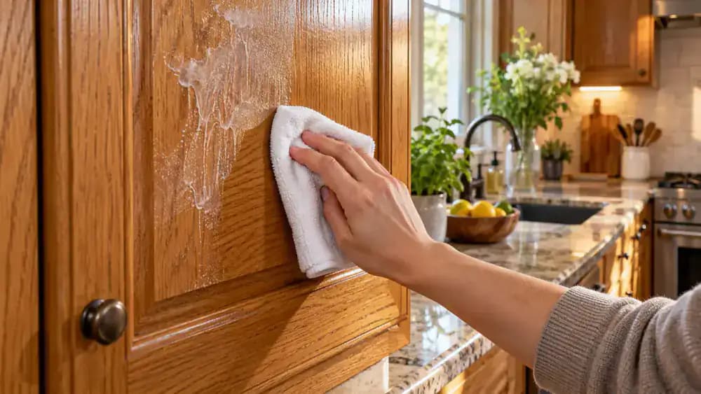 Close-up of a hand wiping faint soap residue from a satin-finished oak kitchen cabinet door with a barely damp white microfiber cloth, following the vertical wood grain. A bowl of plain water and a dry towel sit nearby.