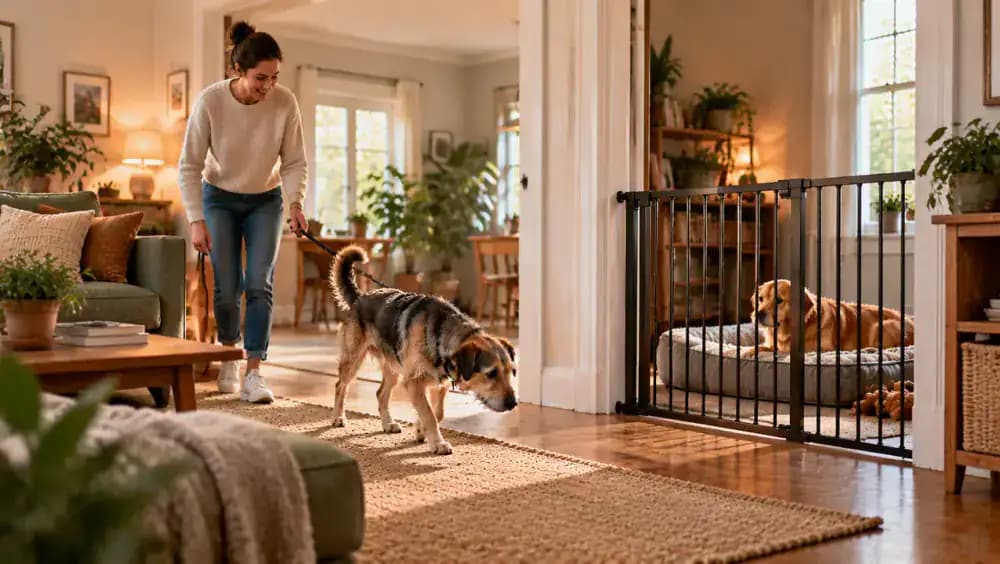 Newly adopted dog exploring the living room with its handler while the resident dog rests behind a secure gate, followed by the dogs taking turns passing through a wide doorway.