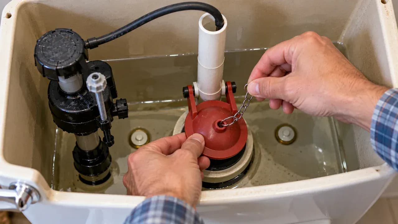 Overhead close-up inside a mostly empty toilet tank showing a worn flapper being removed and a matching replacement flapper installed with slight chain slack over the flush valve seat.