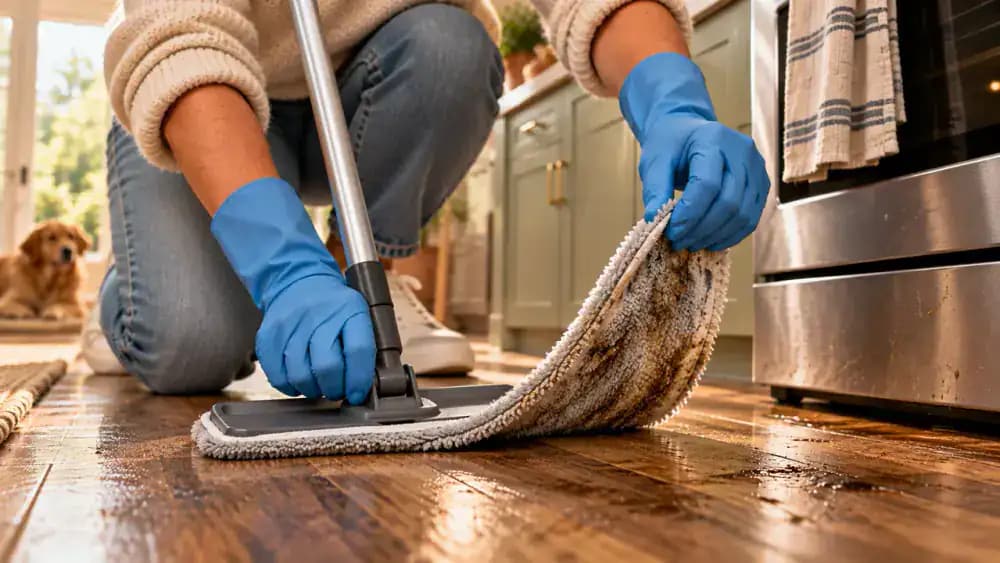 Floor-level close-up of a flat mop with a white microfiber pad collecting grayish oily grease from damp vinyl plank kitchen flooring beside a stove, with a visibly soiled pad and clean replacement pad shown side by side.