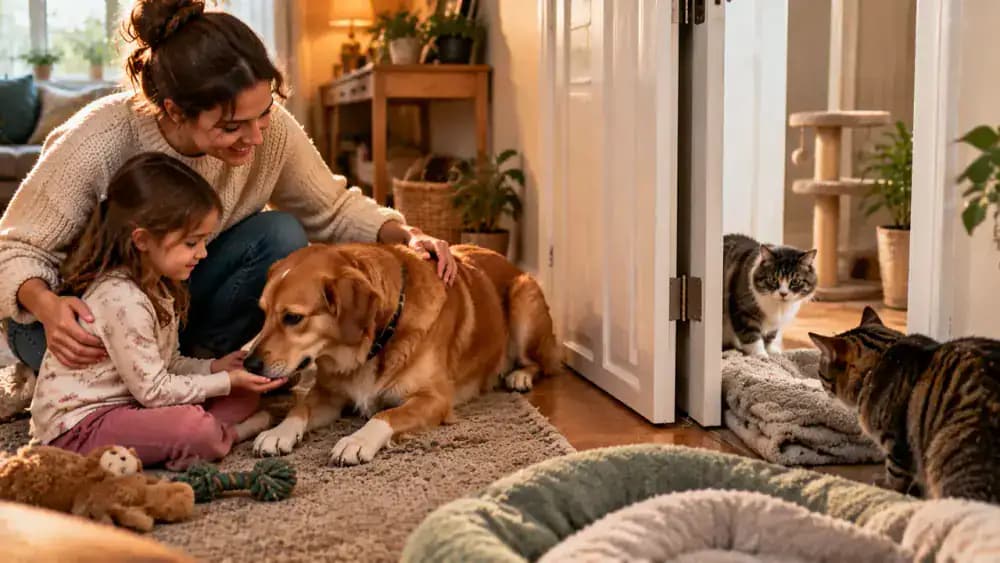 An adult supervises a child practicing gentle interaction with a newly adopted dog while two household cats become familiar with each other's scents through bedding placed on opposite sides of a closed door.