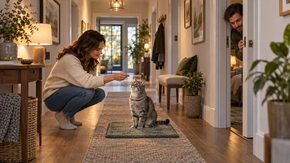 Two adults practicing with a bedroom door opened approximately one inch inside a family home, while one rewards a gray tabby waiting calmly on a mat several feet away.