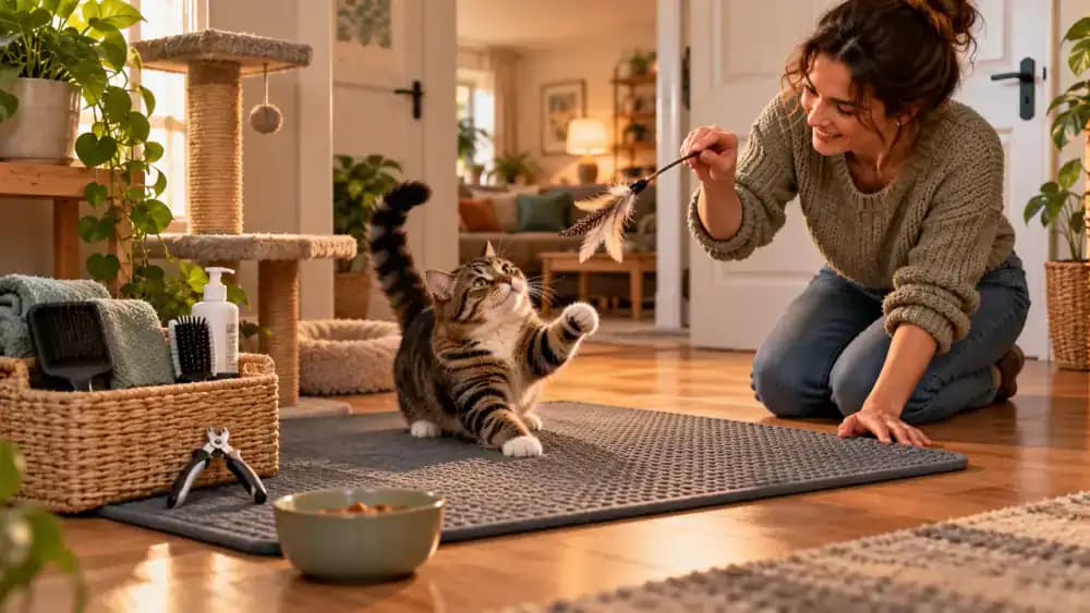 Bright home grooming corner with a nonslip mat, treats, and closed cat nail clippers on a tray as a calm cat voluntarily approaches the mat after playing with a feather toy.