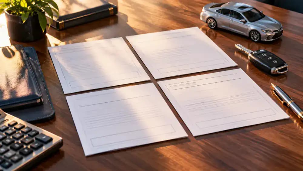 Four blank financial document cards arranged beside a car key and pen.