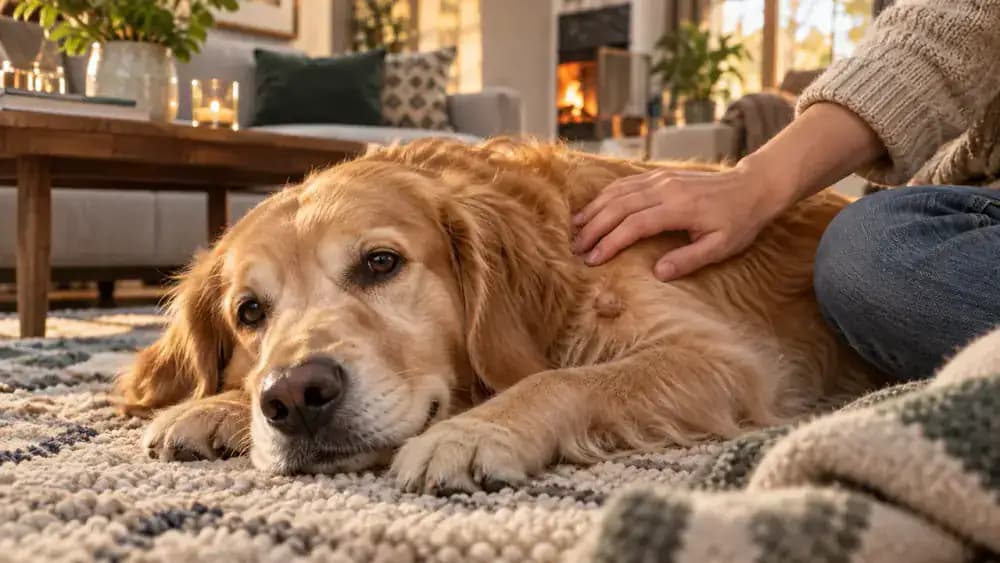 Golden retriever resting on a carpet as its owner gently checks along the shoulder and back