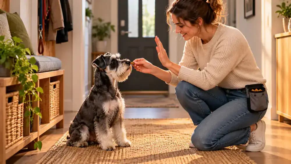 Miniature Schnauzer sitting attentively beside its owner in a bright apartment hallway as the owner delivers a tiny treat from a ready hand, with a treat pouch at waist height.