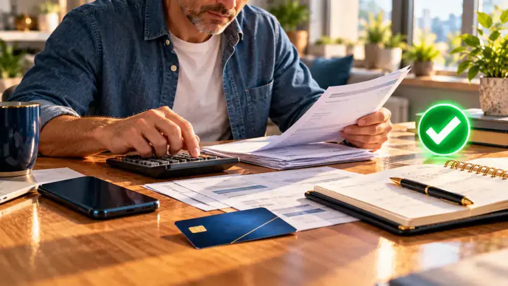 Person organizing credit card statements with a smartphone and planner to restore payment control.