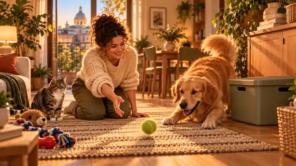 Owner rolling a returning ball toward a dog beside a closed toy box