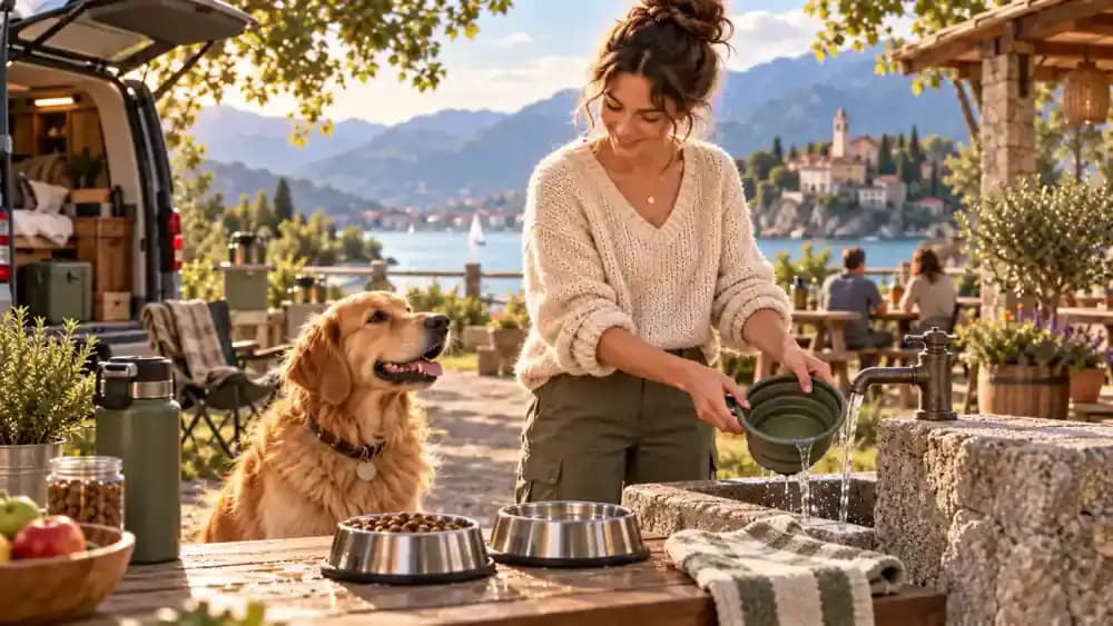 Food and water travel bowls at a roadside stop while an owner rinses a collapsible bowl