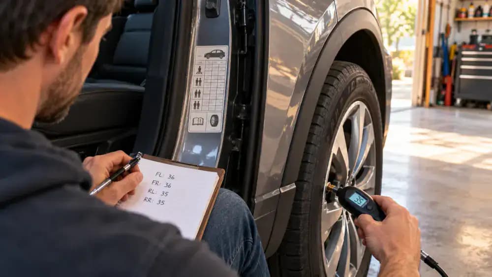 Tire pressure checklist showing an illustrative front tire reading of 29 PSI compared with a recommended 32 PSI, marked 3 PSI low, alongside a digital gauge.