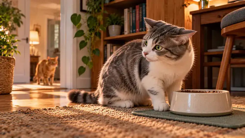 Fluffy gray-and-white cat hesitating several feet from a ceramic food bowl in a quiet study, ears angled sideways and glancing backward while its owner observes from a distant armchair.