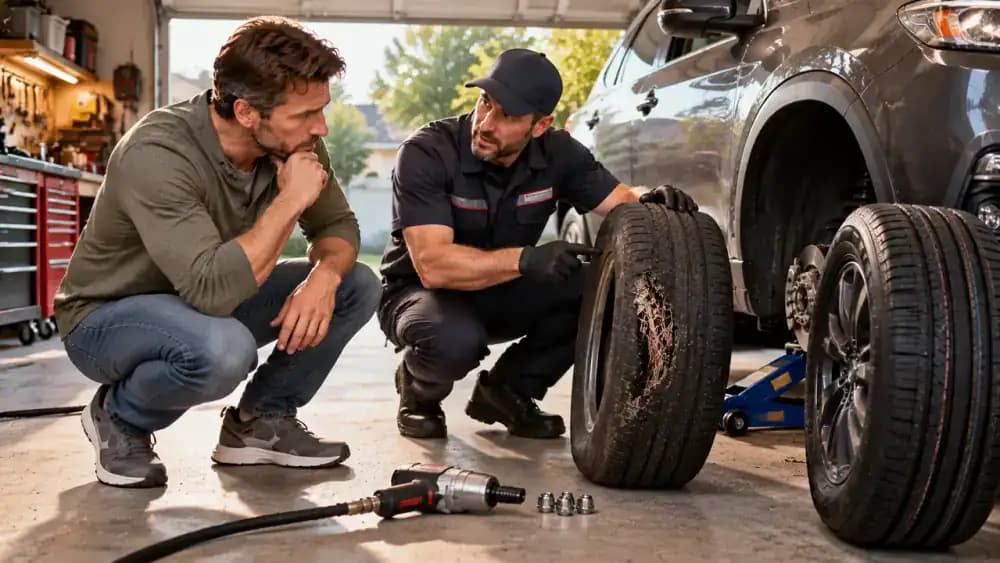 Driver standing beside a parked SUV and using a smartphone to arrange tire service, with exposed reinforcing cords visible beside a deep cut in the mounted tire's sidewall and a replacement tire nearby.
