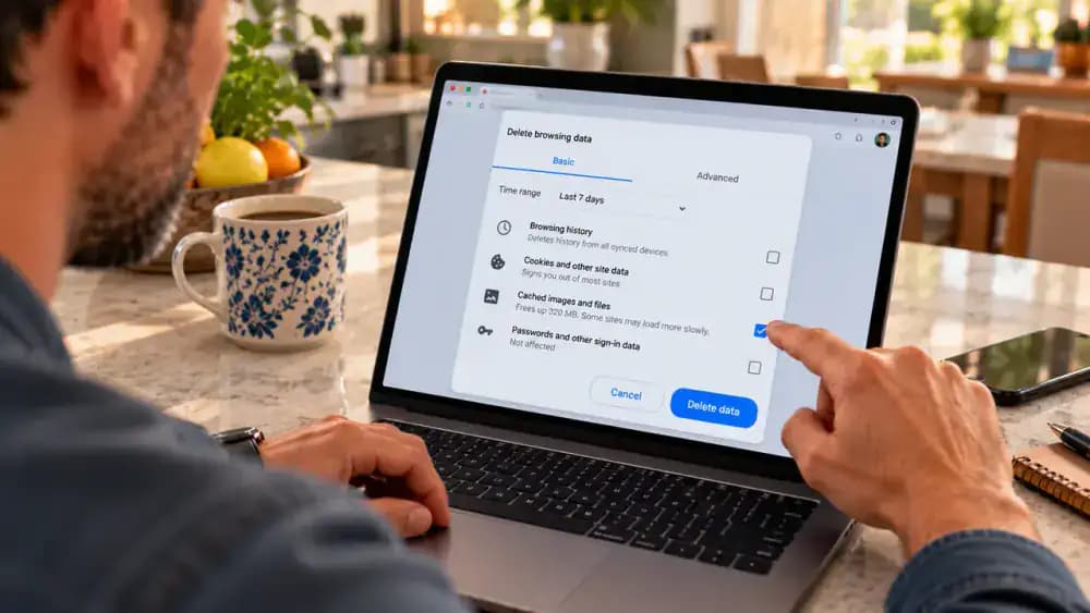 Adult reviewing Chrome's Clear browsing data settings on an Android smartphone at a modern kitchen counter, with Cached images and files selected and browsing history, cookies, and saved passwords unchecked.
