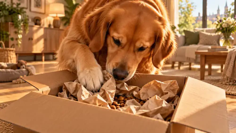 Dog moving loose crumpled paper inside a cardboard box to find kibble