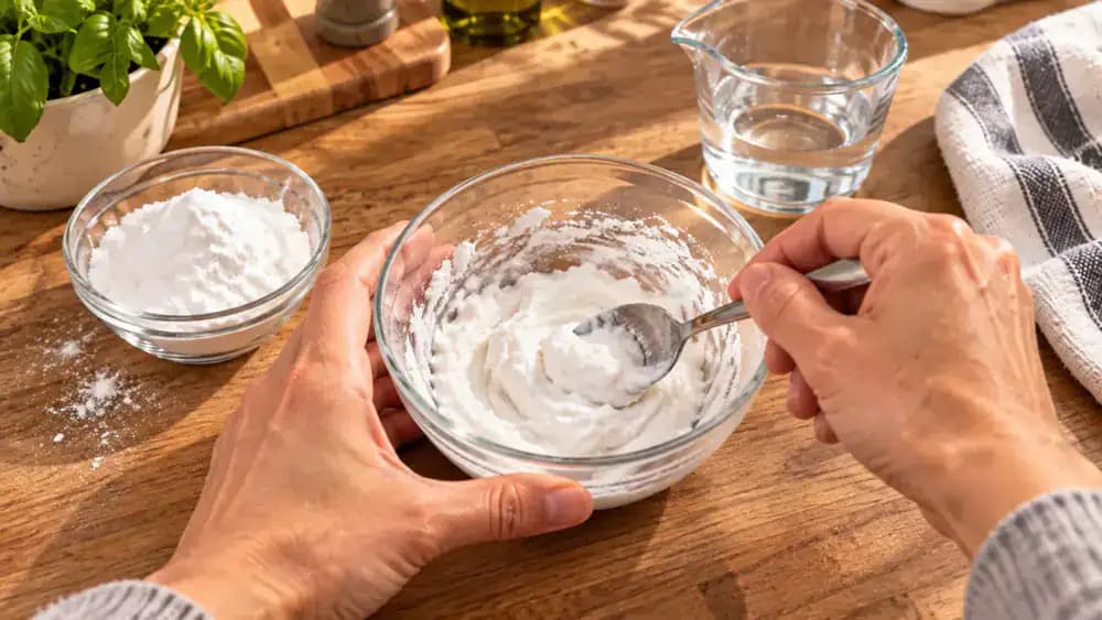 Overhead close-up of a white ceramic bowl on a dark wooden countertop as hands mix two tablespoons of baking soda with measured teaspoons of water using a silicone spatula, creating a thick white cleaning paste. An orange-discolored plastic food container, lid, and removable gasket sit blurred in th