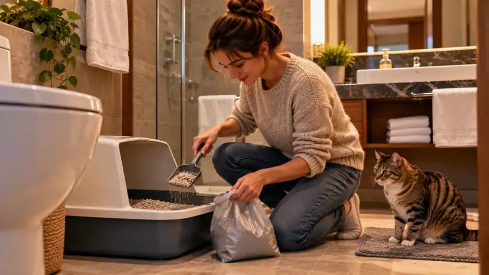Hotel bathroom with an uncovered cat litter box on a protective mat, an owner scooping litter into a disposal bag, and a tabby cat approaching a quiet corner away from a noisy ventilation fan.