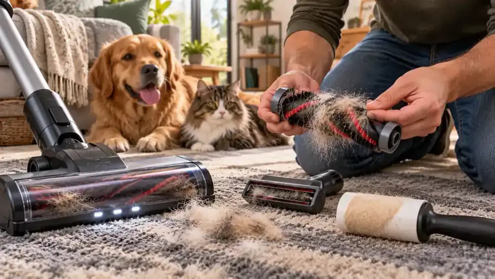Vacuum brush roll cleaning carpet and upholstery attachment cleaning a sofa