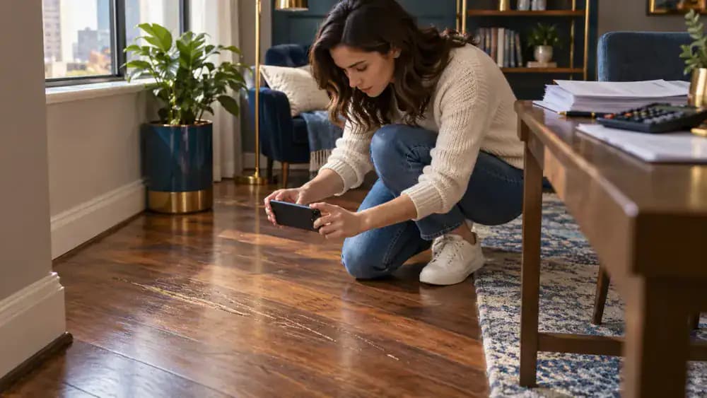 Renter photographing existing scratches on hardwood flooring with a smartphone before moving into an apartment.