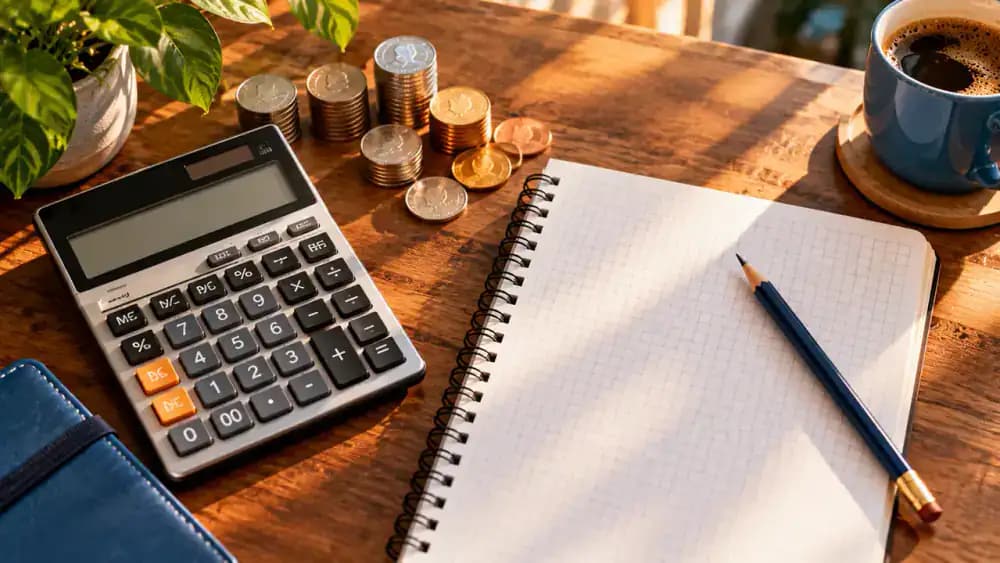 Calculator, neatly stacked coins, blank graph paper, and pencil arranged on a desk.