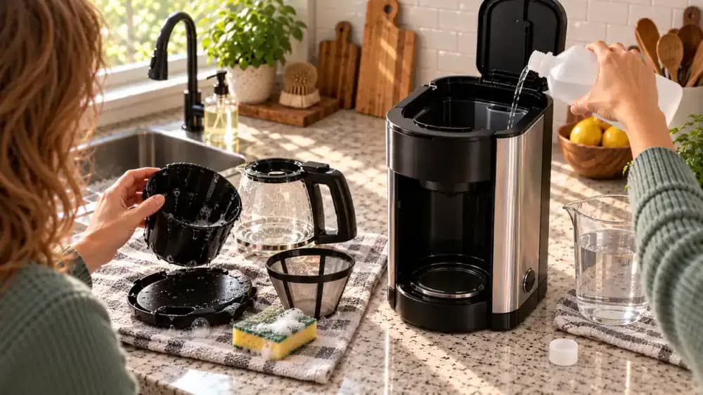 Unplugged cooled coffee maker beside a two-column maintenance card separating mineral scale descaling from washing the basket, reusable filter, lid, and carafe to remove coffee oils.
