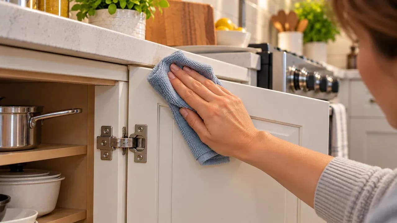 Close-up of a freshly cleaned upper cabinet patch being blotted and lightly wiped dry with a clean microfiber cloth while avoiding the upper joint.