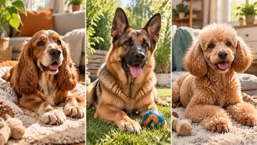 Floppy-eared spaniel, upright-eared shepherd, and curly-coated dog shown in different everyday settings, followed by an owner discussing an individualized grooming plan with a veterinarian.