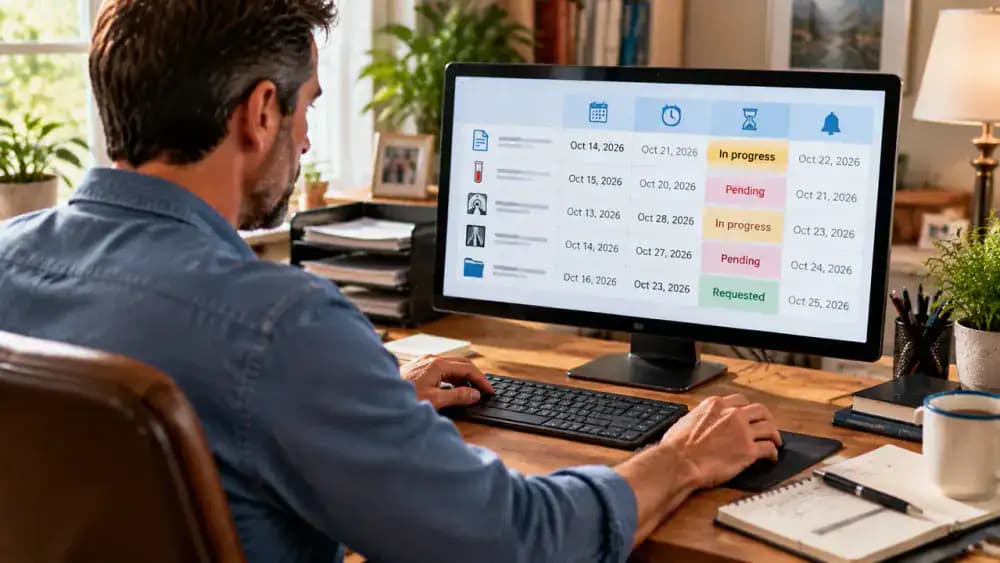 Patient updating a digital medical records tracking spreadsheet with columns for record type, request date, reference number, expected date, status, and next follow-up while reviewing a sample processing update email.