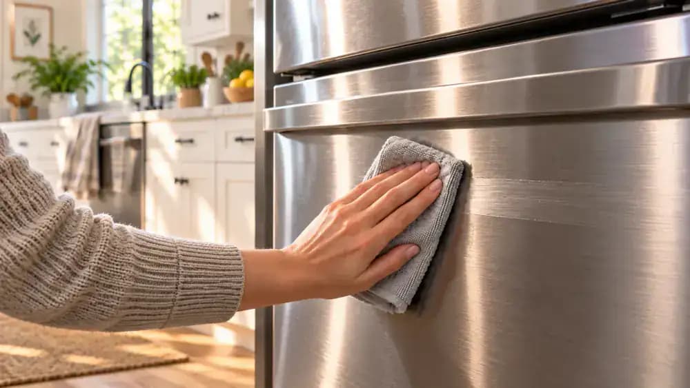 Close-up of a stainless steel refrigerator drawer viewed in angled light as a hand buffs a faint streak with a dry microfiber cloth following the horizontal grain.