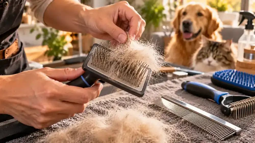Close-up of hands removing accumulated fur from a slicker brush on a pale wooden grooming counter, inspecting its metal bristles under bright lighting, with a clean brush drying on a rack beside a folded microfiber towel.
