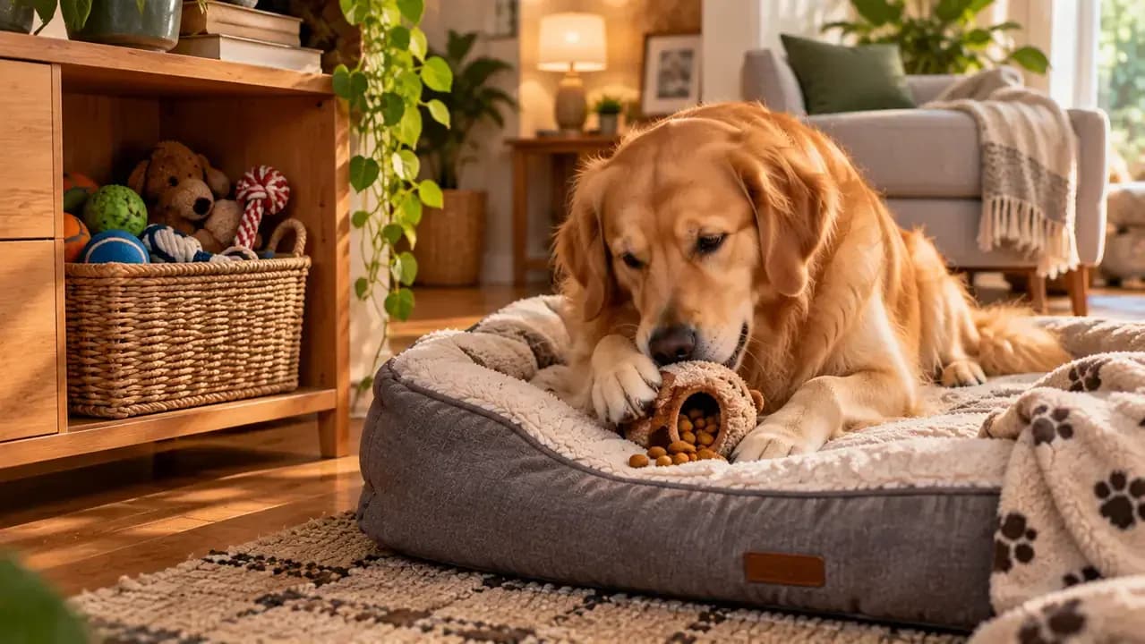 Dog using a calm food toy on a bed while balls and tug toys are stored away