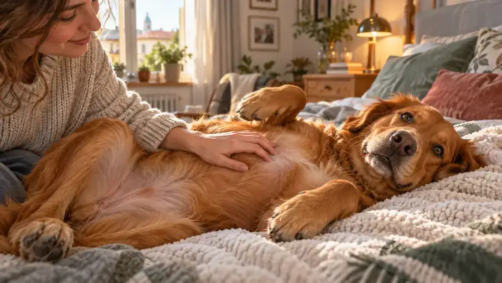 Relaxed brown dog lying on its side while the owner lightly touches the belly