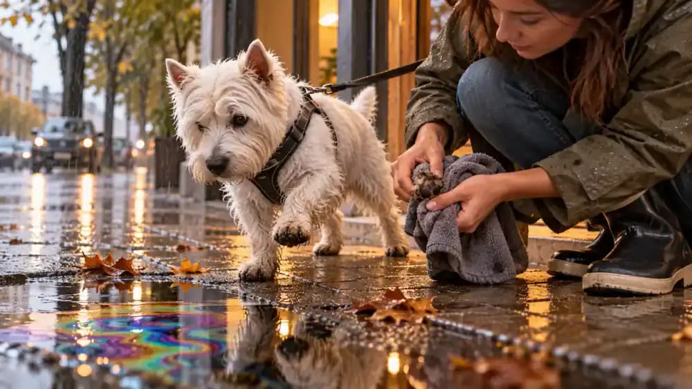 Small white terrier standing beside a shallow puddle on a rain-soaked city sidewalk while its crouching owner inspects its wet paws near a sheltered entrance.