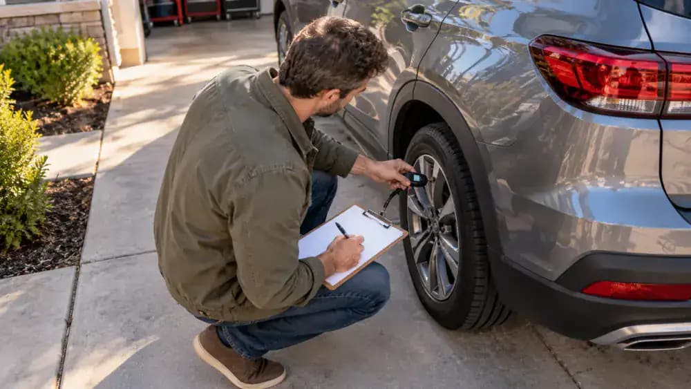 Driver checking and recording pressure at all four tires of a parked crossover, with an illustrative overhead diagram identifying each wheel and its example PSI reading.