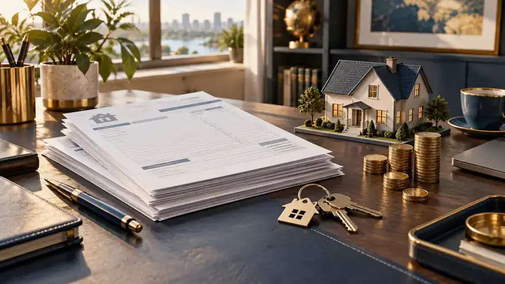 Organized invoices, house keys, coins, and a miniature home illustrating common seller closing expenses.
