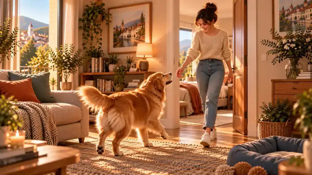Emma returns through an interior doorway into a sunny living room as Bailey approaches with a relaxed tail. She offers a gentle greeting while walking toward the sofa.